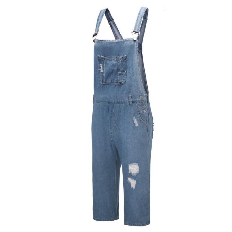 Plus Size S-3XL Men Denim Overalls Jumpsuit Shorts Ripped Hole Suspender Bib Jean Pants Cargo Work Summer Casual Slim Loose Street Wear Outfit Black Blue