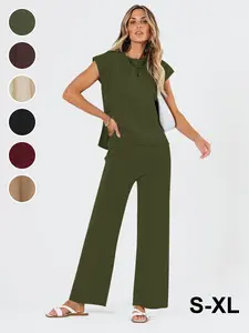 Women's Spring & Fall Casual Home Set, Comfortable Fitted Suit with Plain Round Neck Top and Straight Leg Pants, Fashionable Two-Piece
