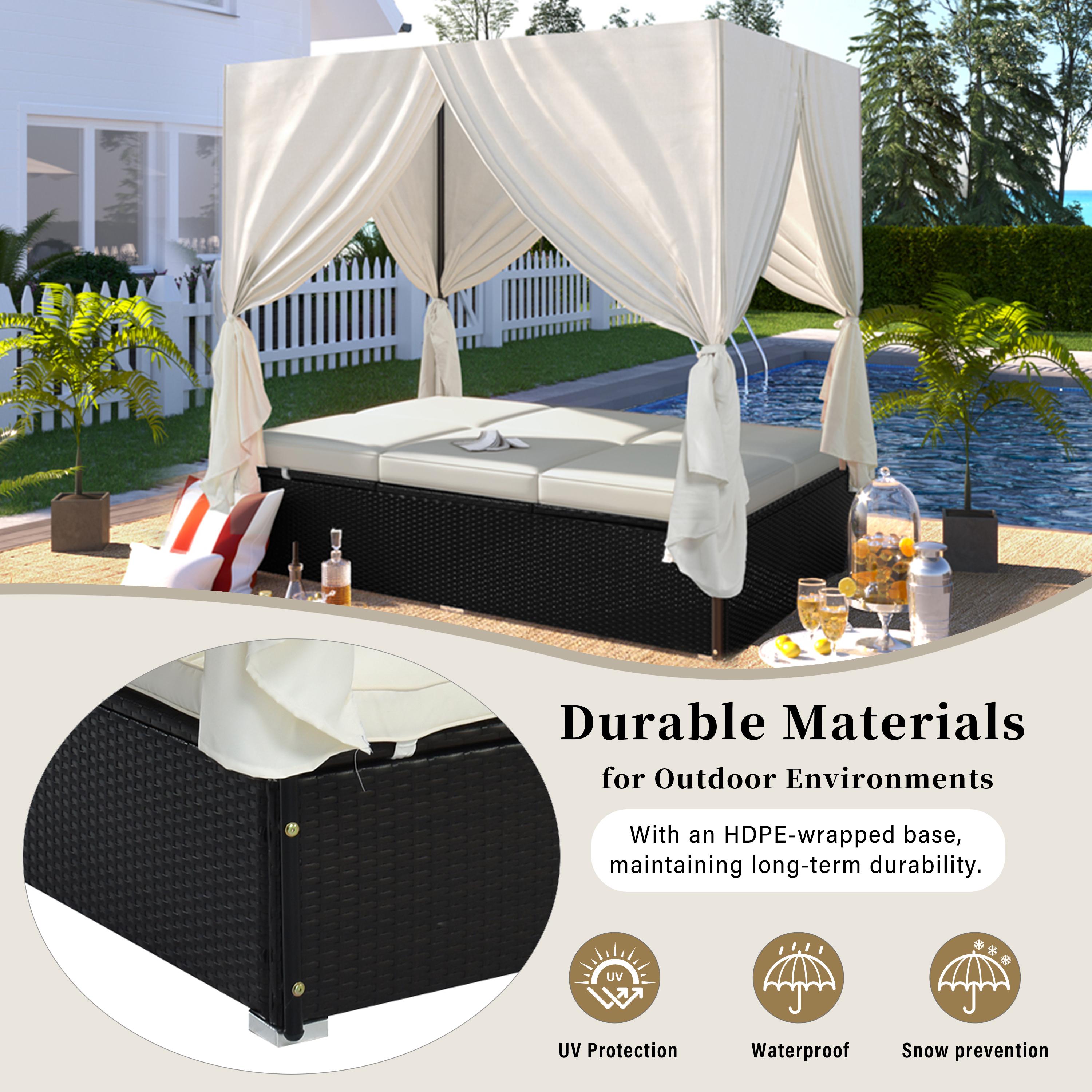 Patio Chaise Lounge, PE Rattan Outdoor Patio Wicker Sunbed Daybed with Adjustable Seats, Four-sided Canopy, Overhead Curtain and Beige Cushions for Backyard, Garden, Poolside (for 2-6 people)