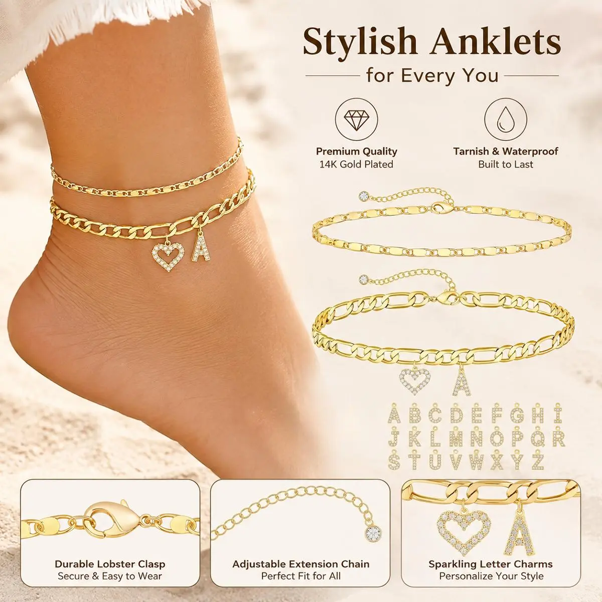 14K Gold Plated Exquisite Layered Figaro Cuban Chain Anklet, 2Pcs Exquisite Initial Letter A-Z Gold Ankle Bracelets Shiny Hollow Heart Cubic Zirconia Pendant Ankle Chain Summer Beach Foot Chain Holiday Jewelry