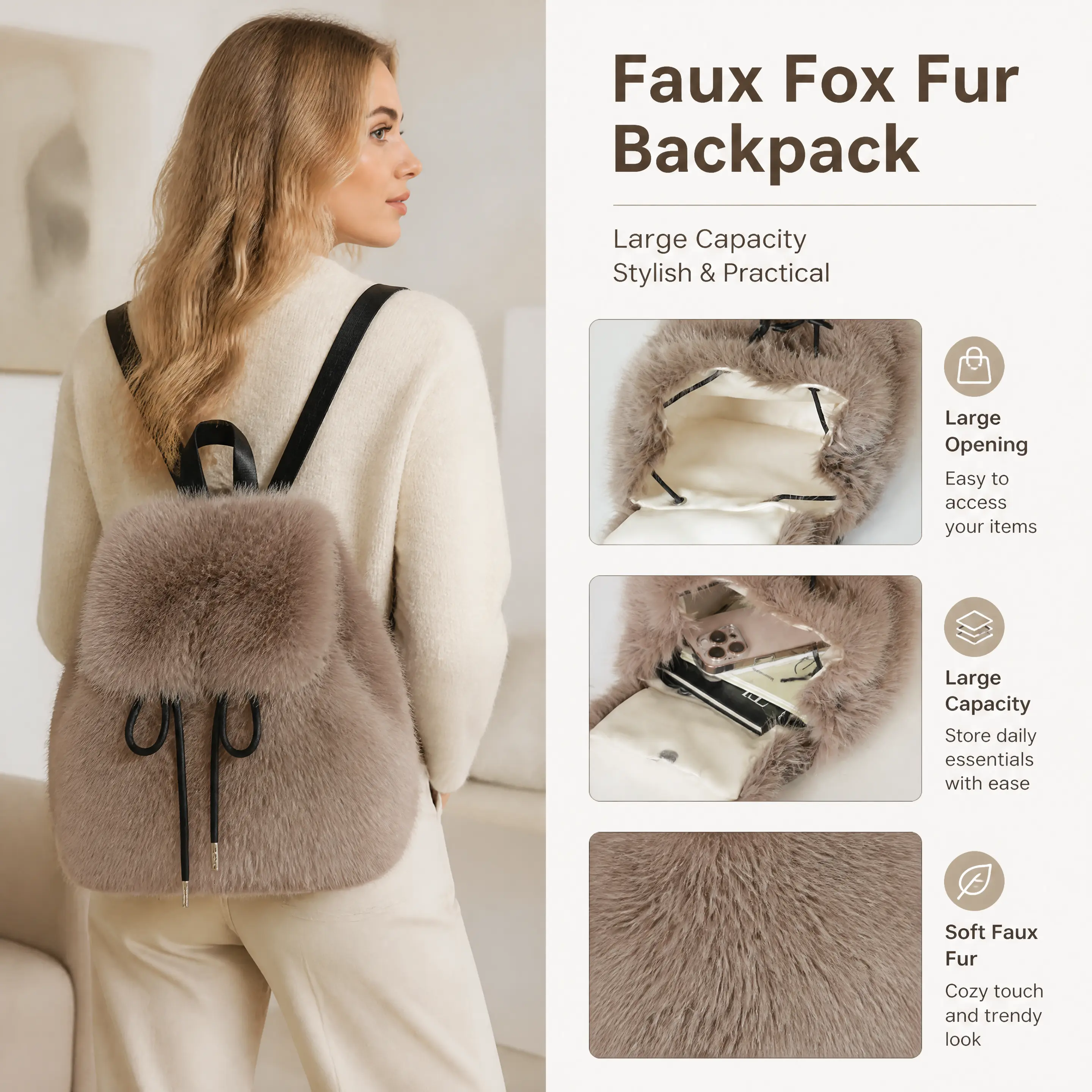 Women's Soft Faux Plush Backpack - Lightweight, Durable, Adjustable Straps, Dual-Compartment, Versatile, White/Black, Cozy Seasonal Gift, Small Campus Backpacks for School, Ideal for Everyday Use