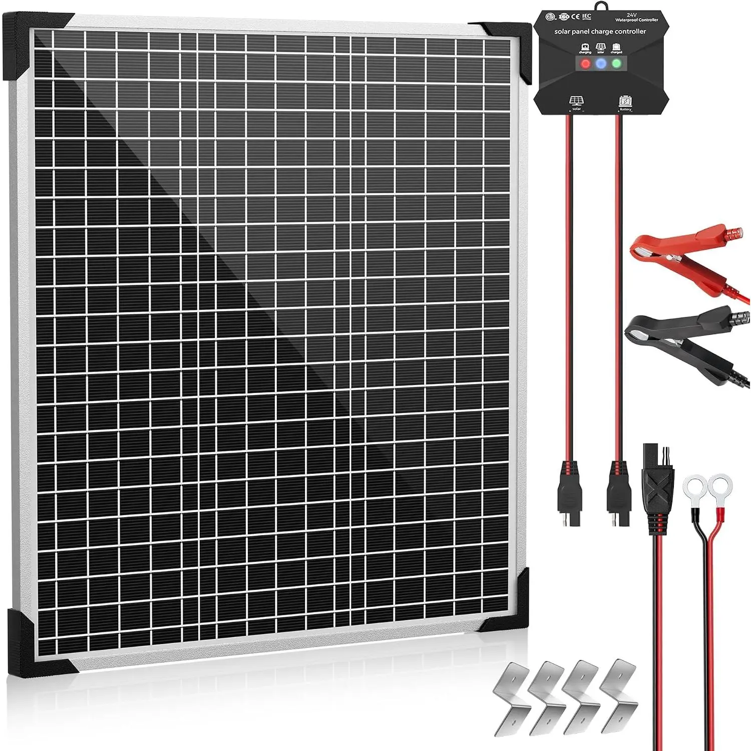 50W 24V Solar Panel  Charger Kit with MPPT Charge Controller | Monocrystalline Solar Panel | IP67 MPPT Controller | LED Indicators | LiFePO4 & Lead-Acid Compatible | RV & Marine Use