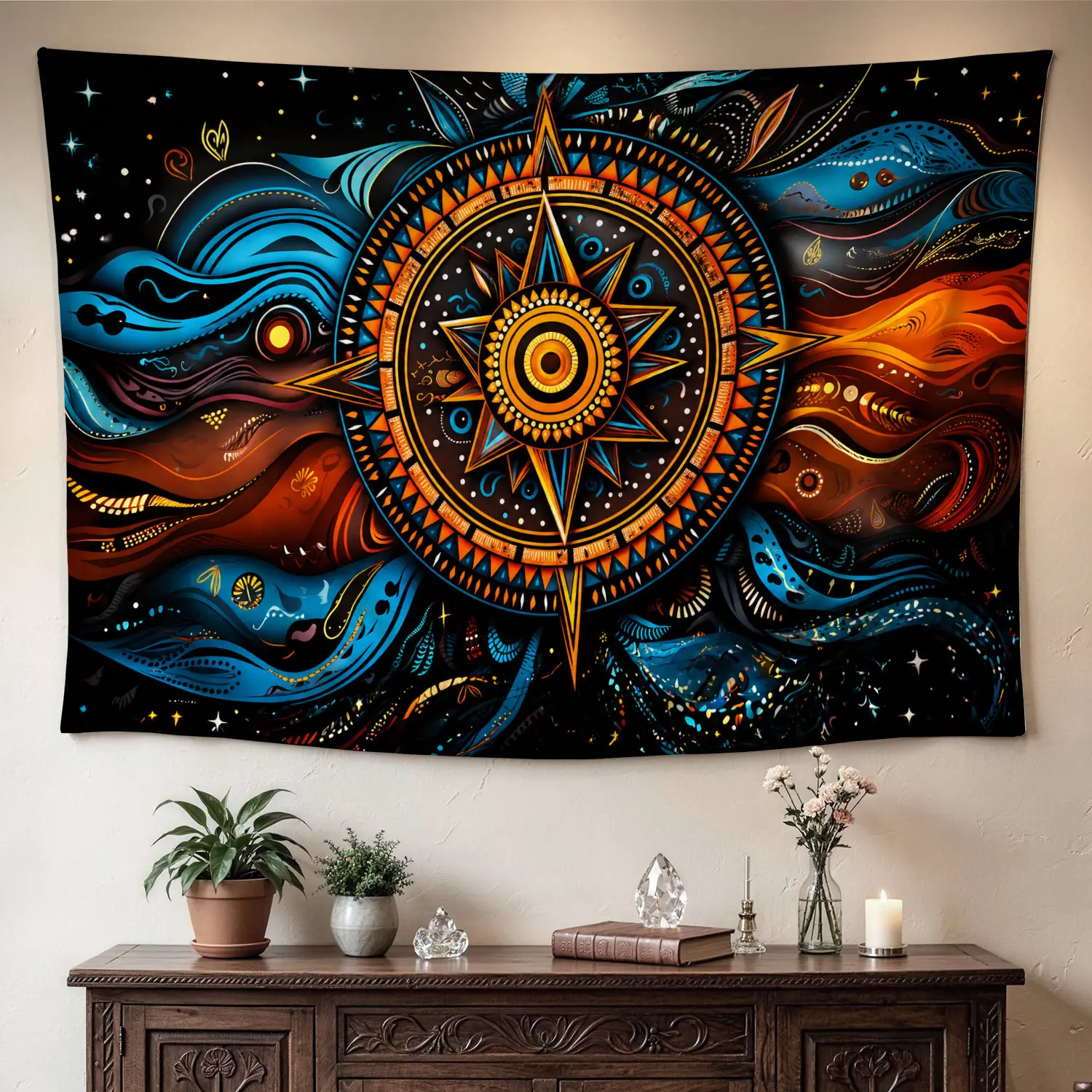 Abstract Celestial Compass Sun Star Wall Tapestry - Large Printed Horizontal Polyester Artwork, No-Installation Decor for Living Room, Room, Indoor-Outdoor Gift for Family and Friends, Decor Accessories, Decorating My Apartment, Room Decorations