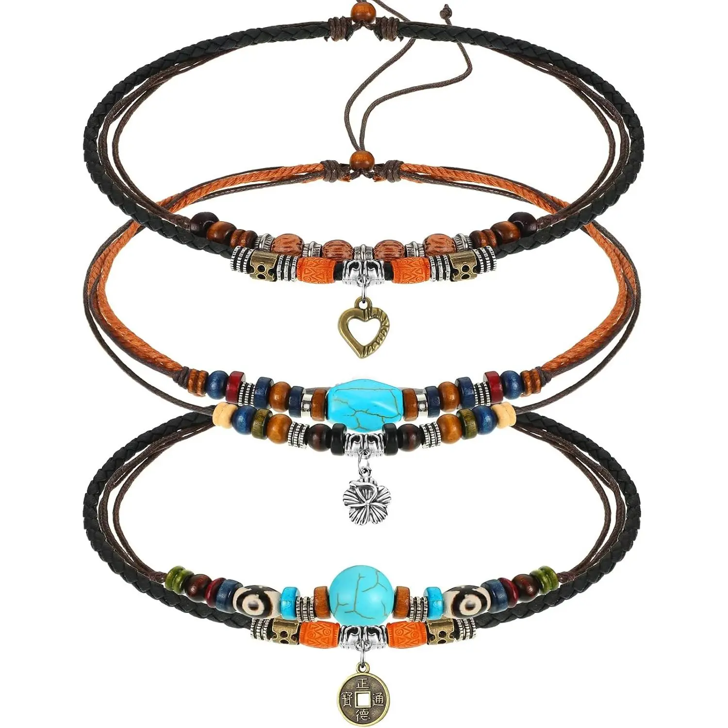 3-Piece Boho Layered Necklace Set for Women, Ethnic Jewelry with Wood Beads and an Adjustable Leather Choker, Boho Jewelry Gift, Female, Western, Layered Beads, Brown