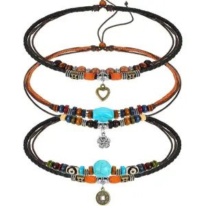 3 Pcs Boho Necklaces for Women Western Layered Wood Beads Choker Necklace Adjustable Vintage Leather Choker Boho Jewelry Gift for Women