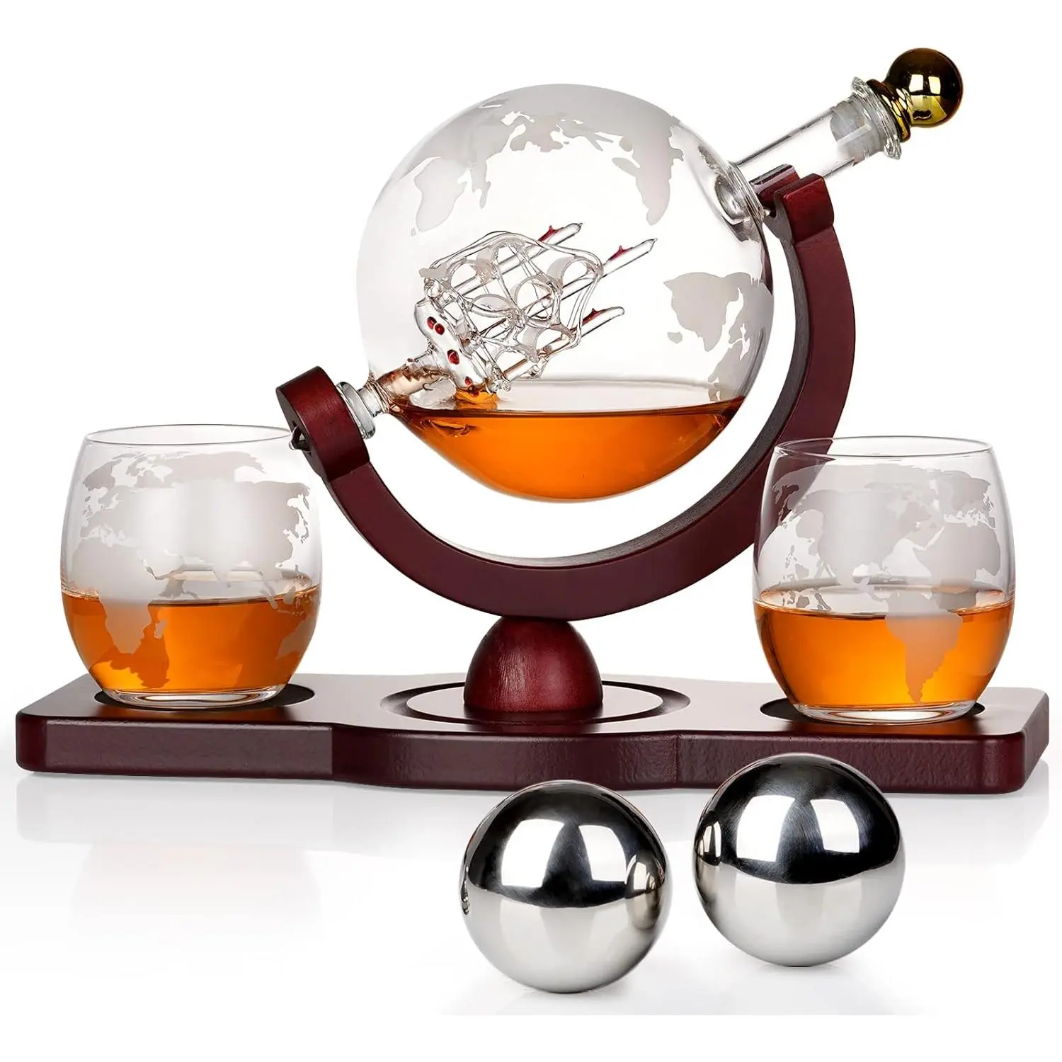 PONPUR Gifts for Men Dad Fathers Day, Whiskey Decanter Globe Set with 2 Ball Stones & 2 Glasses, Anniversary Birthday Gifts for Him Husband Boyfriend Brother, Cool Stuff Gift for Bourbon Scotch