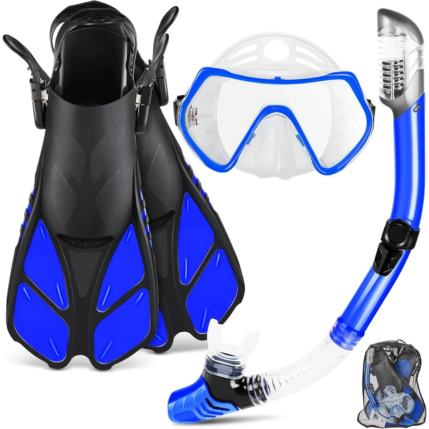 Snorkel Set, Travel Size Snorkeling Gear for Adults with Panoramic View Anti-Fog Mask, Trek Fins, Dry Top Snorkel and Gear Bag for Swimming Training, Snorkeling Kit Diving Packages