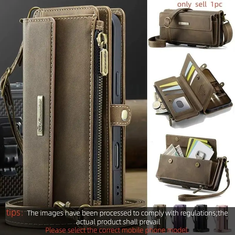 Lanyard Leather Zip Wallet Card Protective Phone Case Casing for iPhone 17 Pro Max Air 17E 16 15 Plus 14 13 12  Crossbody Cover Accessories
