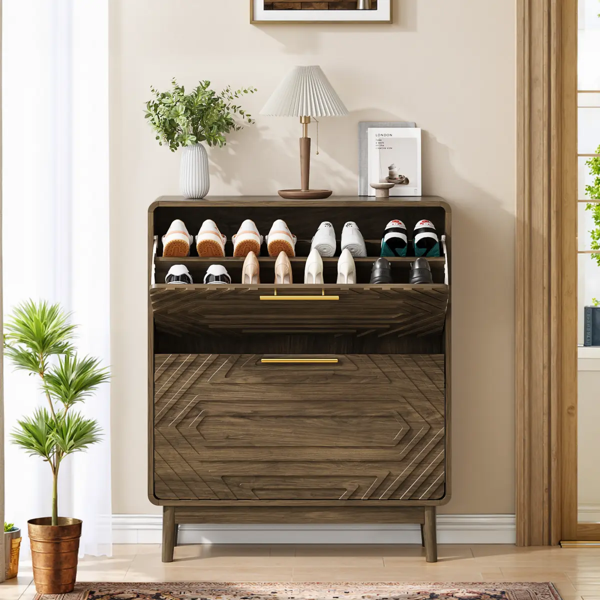 [Bellemave] 31.5" Walnut Shoe Cabinet, Mid-Century Modern Freestanding Organizer with 2 Flip-Top Drawers, Suitable for Entry, Hallway and Foyer