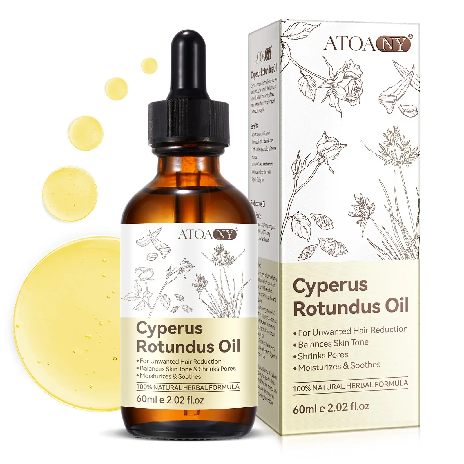 ATOANY Cyperus Root Oil 60 ml, a plant-based hair-inhibiting oil that reduces unwanted body hair and nourishes and softens the skin after shaving or hair removal, Cyperus Rotundus Oil