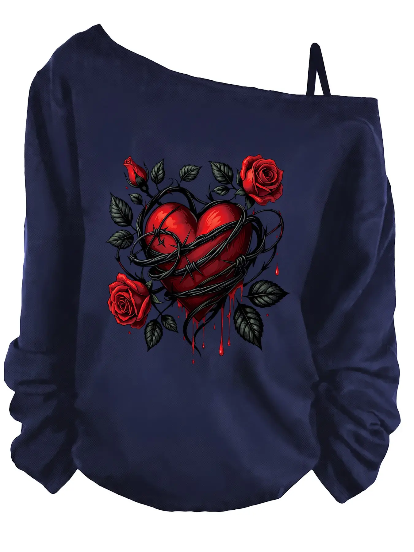 Women Soft Breathable Lightweight Fabric Y2K Gothic Punk Streetwear Barbed Wire Bleeding Heart Red Rose Graphic Off Shoulder Long Sleeve Top, Casual, Goth Outfit Loose Fit Blouse Gothic Apparel