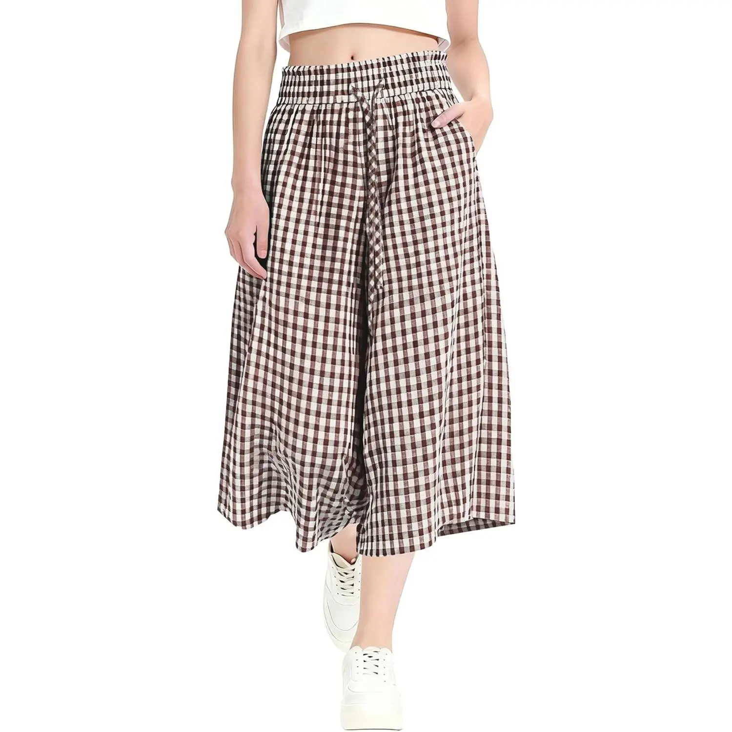 Wide Leg Capri Pants for Women Gingham Striped Culottes Flowy Elastic Waist Cropped Palazzo Pants with PocketsGift