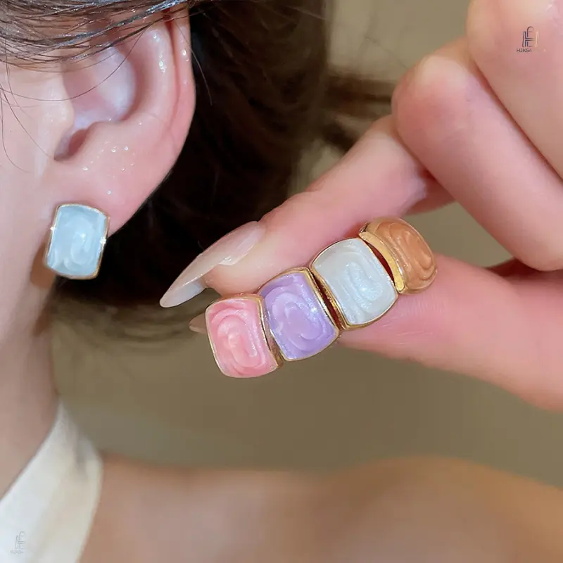 5 Pairs Square Enamel Stud Earrings Set, Minimalist Daily Commute Earrings, Elegant Versatile Jewelry for Spring Summer Wear