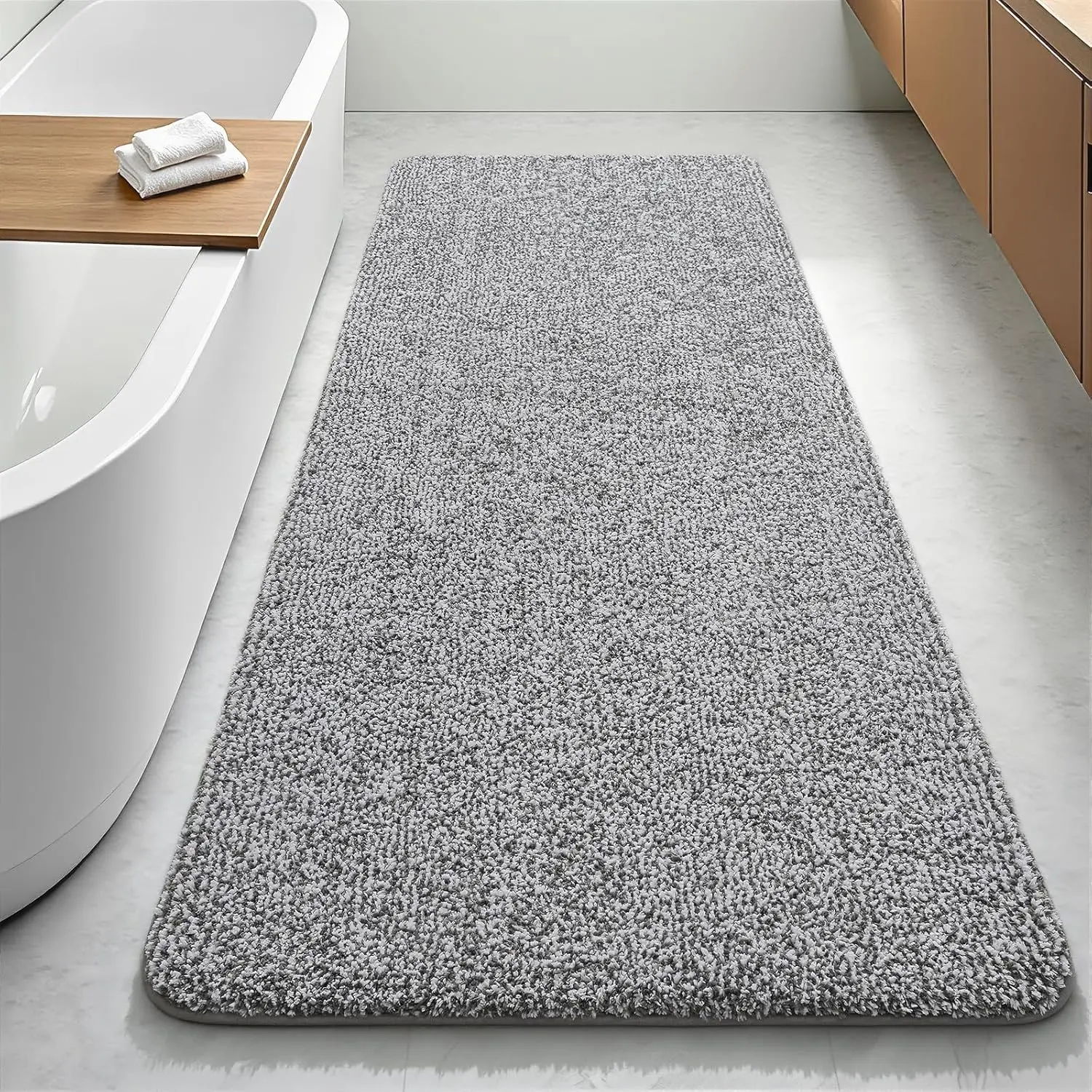 Runner Rug 24x60 Inch, Soft Absorbent Long Rug for Shower, Non Slip Washable Bath Rugs, Plush Thick Microfiber Large Bath Mat for Tub Sink, Light Grey and White