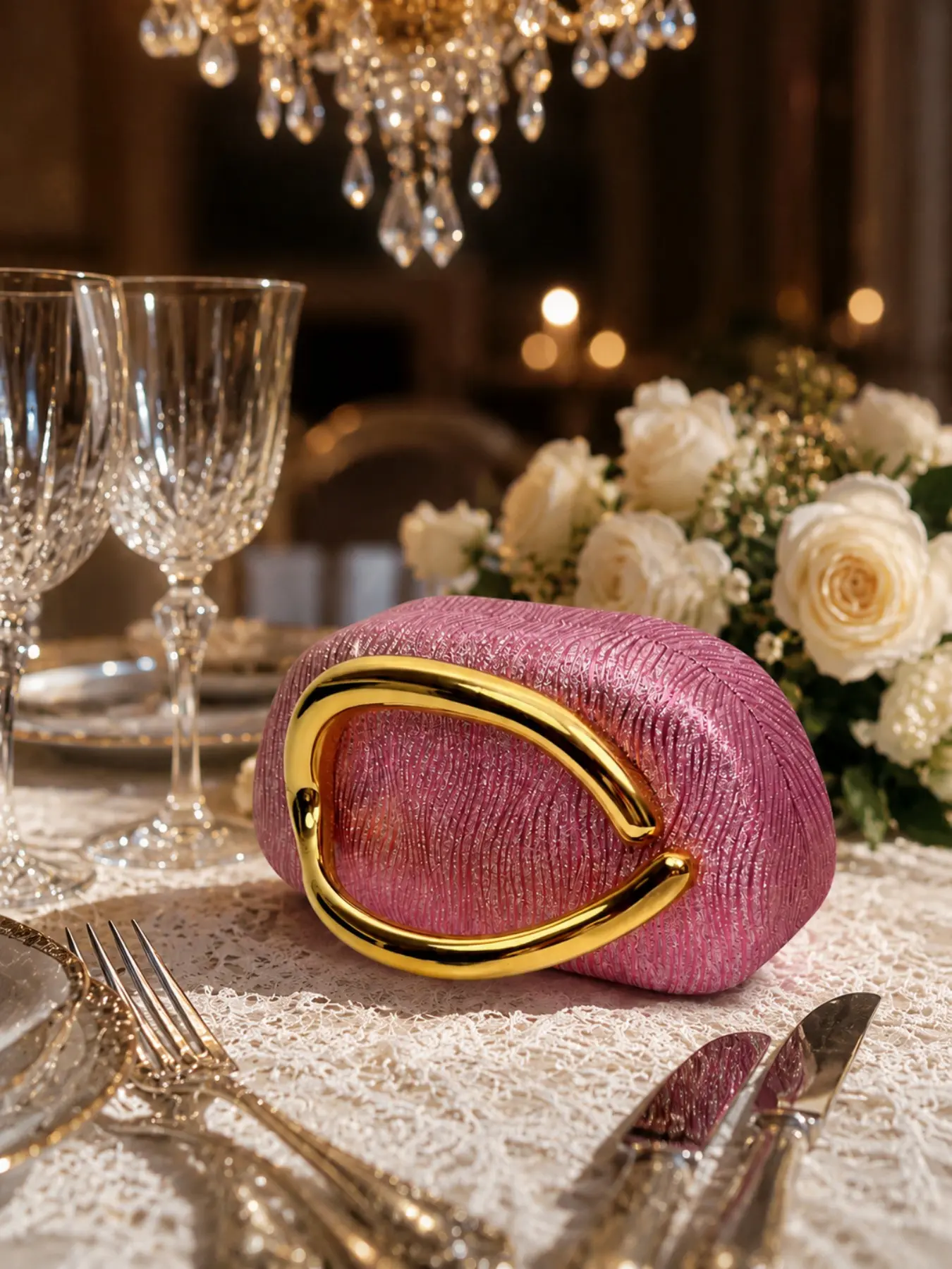 Luxurious Crystal Embellished Oval Clutch Bag, Rhinestone Evening Purse with Metallic Loop Handle, Glamorous Bridal Handbag for Wedding Party Special Occasion Gift