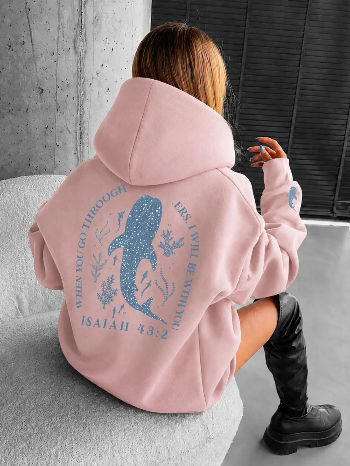 American Vintage Whale Shark Letter Print Long Sleeve Hoodie for Women, Loose Fit Drop Shoulder, Casual Ocean Pattern Sweatshirt, All Seasons