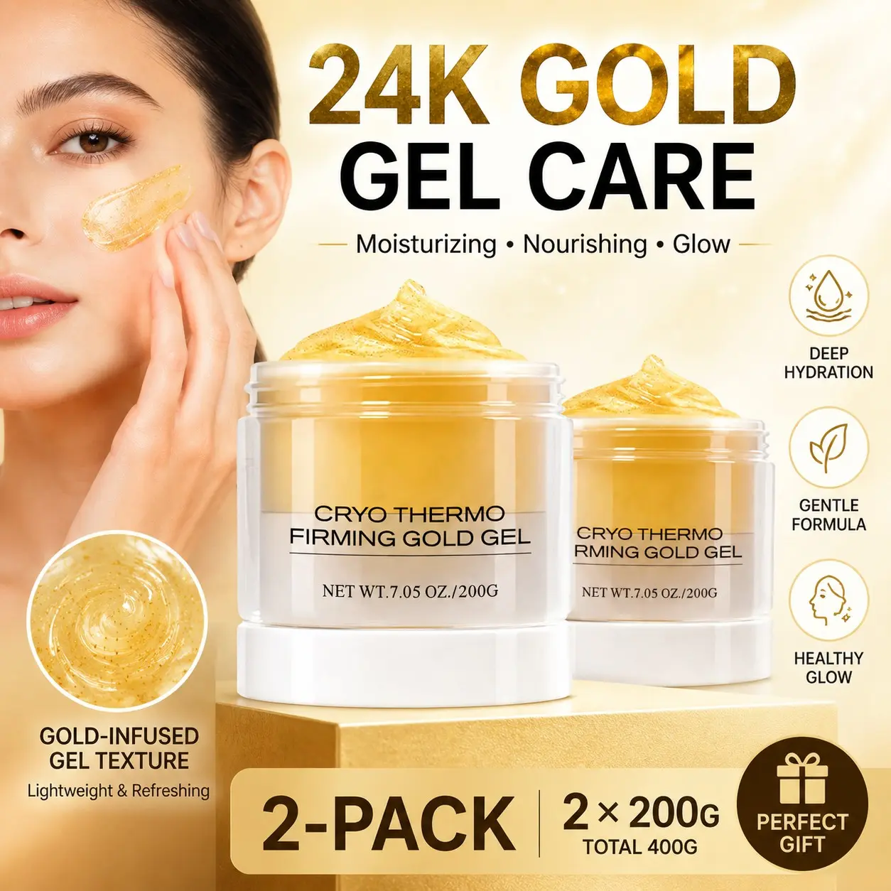 2-Pack 200g 24K Gold Gel Moisturizing Cream, Face & Body Hydrating Jelly, Cryo Thermo Skin Care, Nourishing Daily Care for All Skin Types, Gift