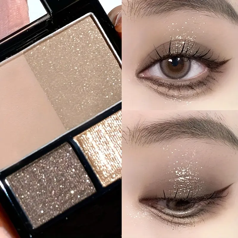 4-color nude brown eyeshadow palette, Eyeshadow Makeup - pearlescent shimmer, earthy smoky eyeshadow, matte and shimmer tones, blendable and long-lasting, high pigment, creating day and night eye makeup, suitable for all seasons