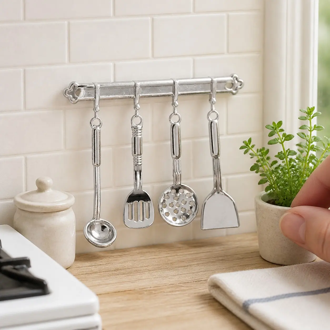 Miniature Dollhouse Kitchen Utensil Wall Rack 5-Piece Set, Gold or Silver Option Sold Separately, Spatula Skimmer Ladle Kitchen Accessory