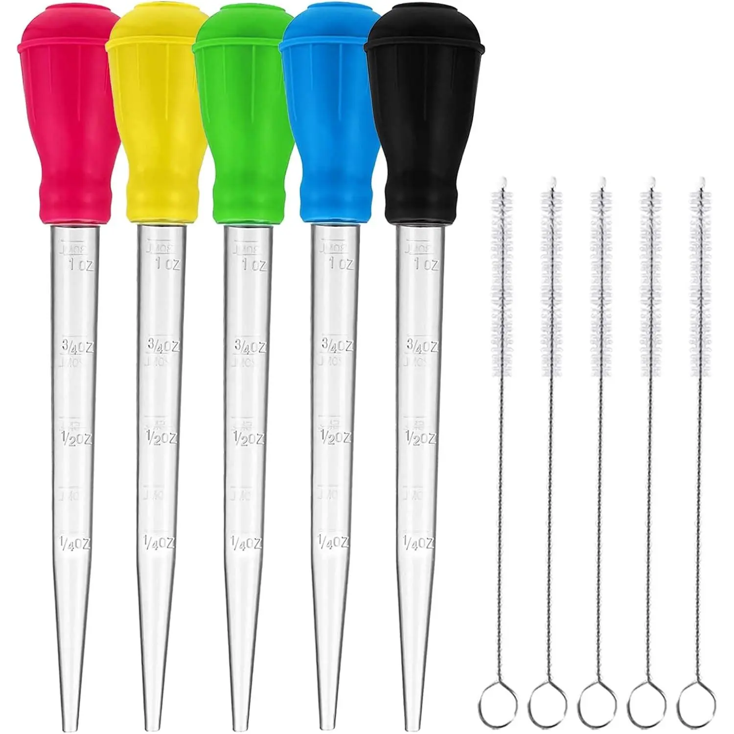 TXIN 5 Pieces 30ml/1oz Turkey Baster with 5 Cleaning Brush, Plastic Syringe Baster with Silicone Pump Head, Heat-resistant Meat Marinade Injector with Measurments for BBQ Grill Baking Kitchen Cooking