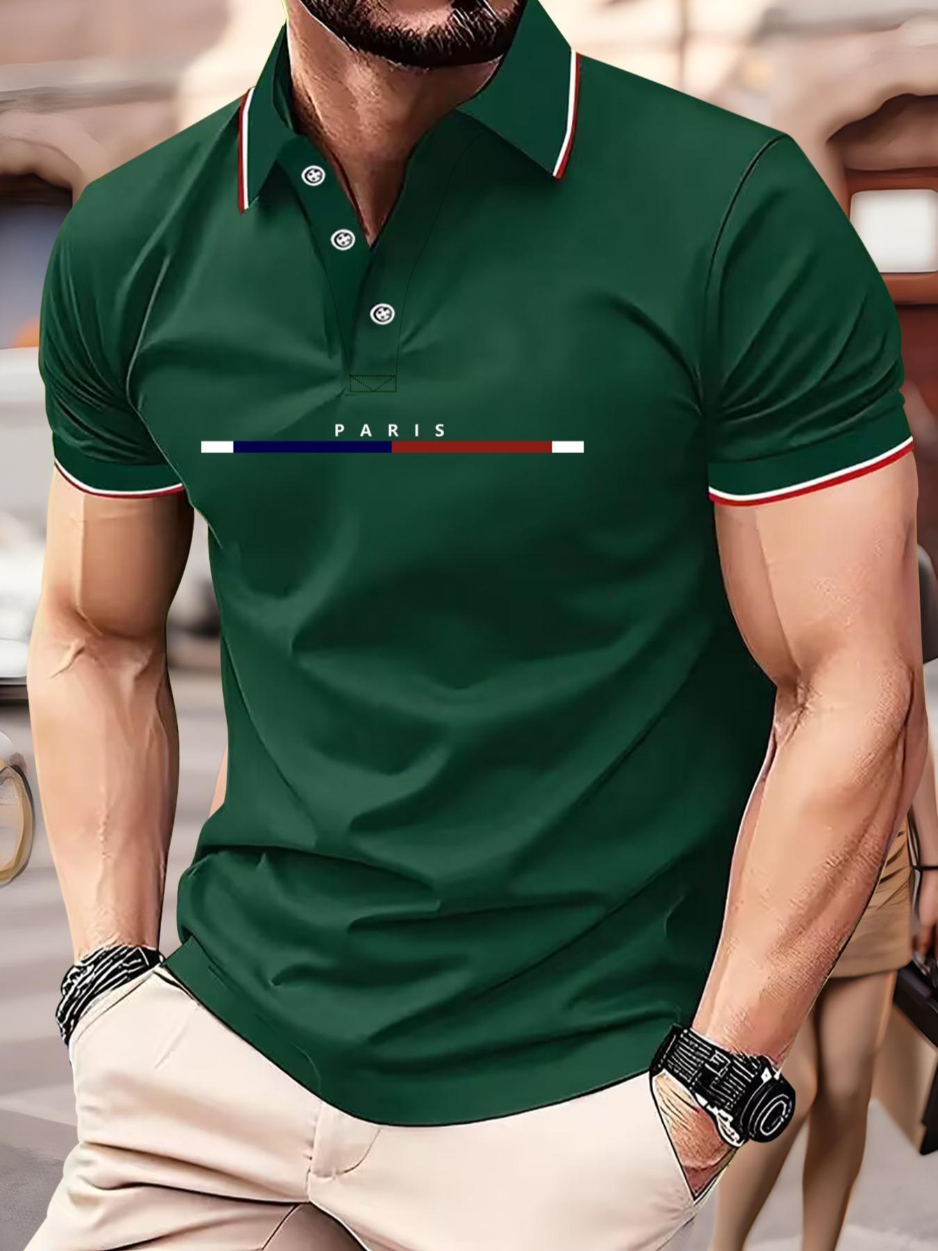 Men's Letter Graphic Short Sleeve Polo Shirt, Regular Fit Casual Striped Trim Half Button Collar Top for Summer, Fashion Men's Clothes for Daily Wear, Polo Shirts for Men, Summer Outfits 2024, Polo Clothes, Fitted Aesthetic
