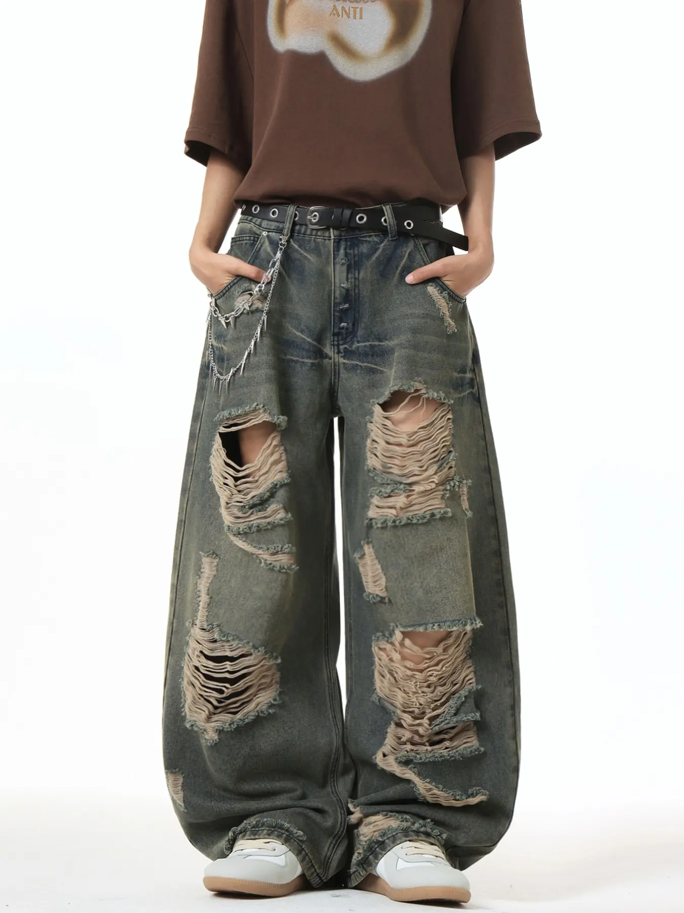 Ripped Loose Jeans, Fashionable Wide Leg Pants, Vintage Washed Blue Denim, Y2K Streetwear, All Seasons, Multiple Sizes Available