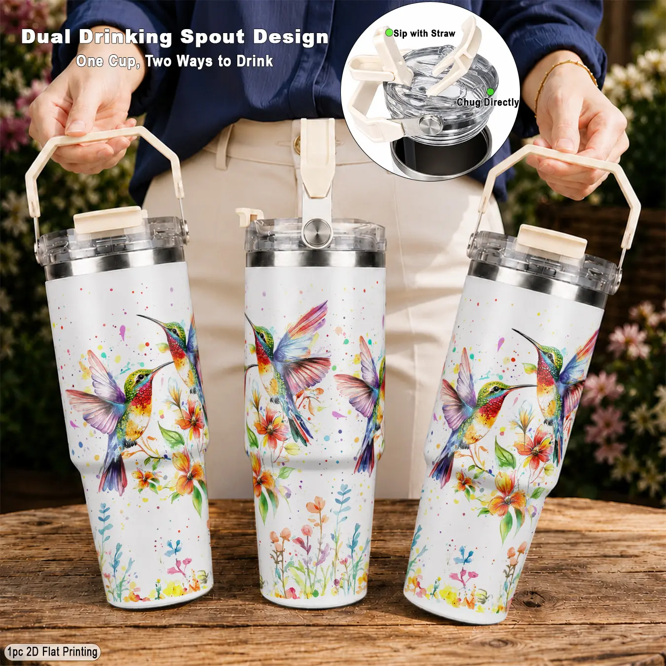 30oz 304 Stainless Steel Reusable Travel Tumbler, with Colorful Watercolor Hummingbird Flower Pattern, Dual Mouth Design Portable Handle Straw, Perfect for Picnic Gym Yoga, Holiday Birthday Gift for Women