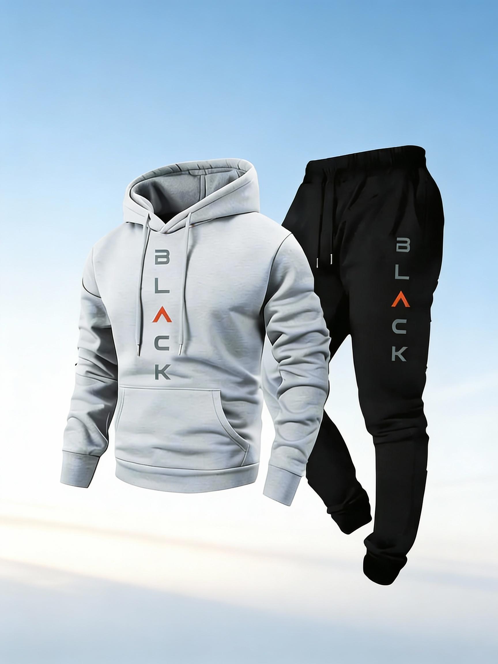 Men's Sports Casual Two-Piece - Vertical Letter Print Hoodie & Joggers, Multi-Color Comfort Set Sweatsuit With Pockets