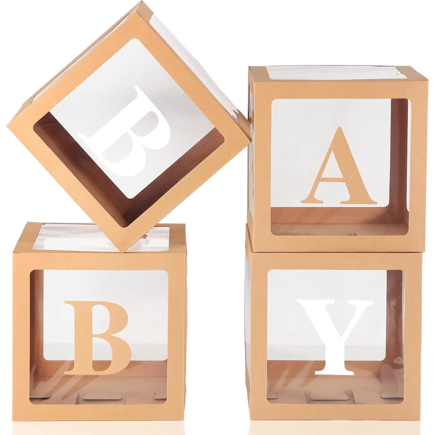 Brown   Boxes With Letters for  Shower, Party Centerpiece Decor, 4 count Clear Balloon Block Boxes for Birthday Rustic Decorations