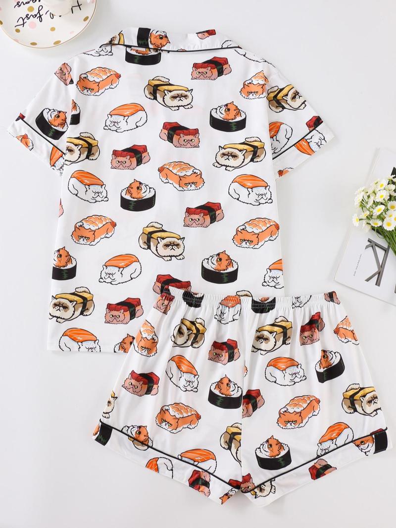 Women's All Over Cartoon Cat Print Short Sleeve Pajama Two-Piece Set, Regular Fit Casual Comfy Shortsleeve Button Front Chest Pocket Design Lapel Neck Top & Elastic Waist Shorts PJ Set, Ladies Sleepwear for All Seasons