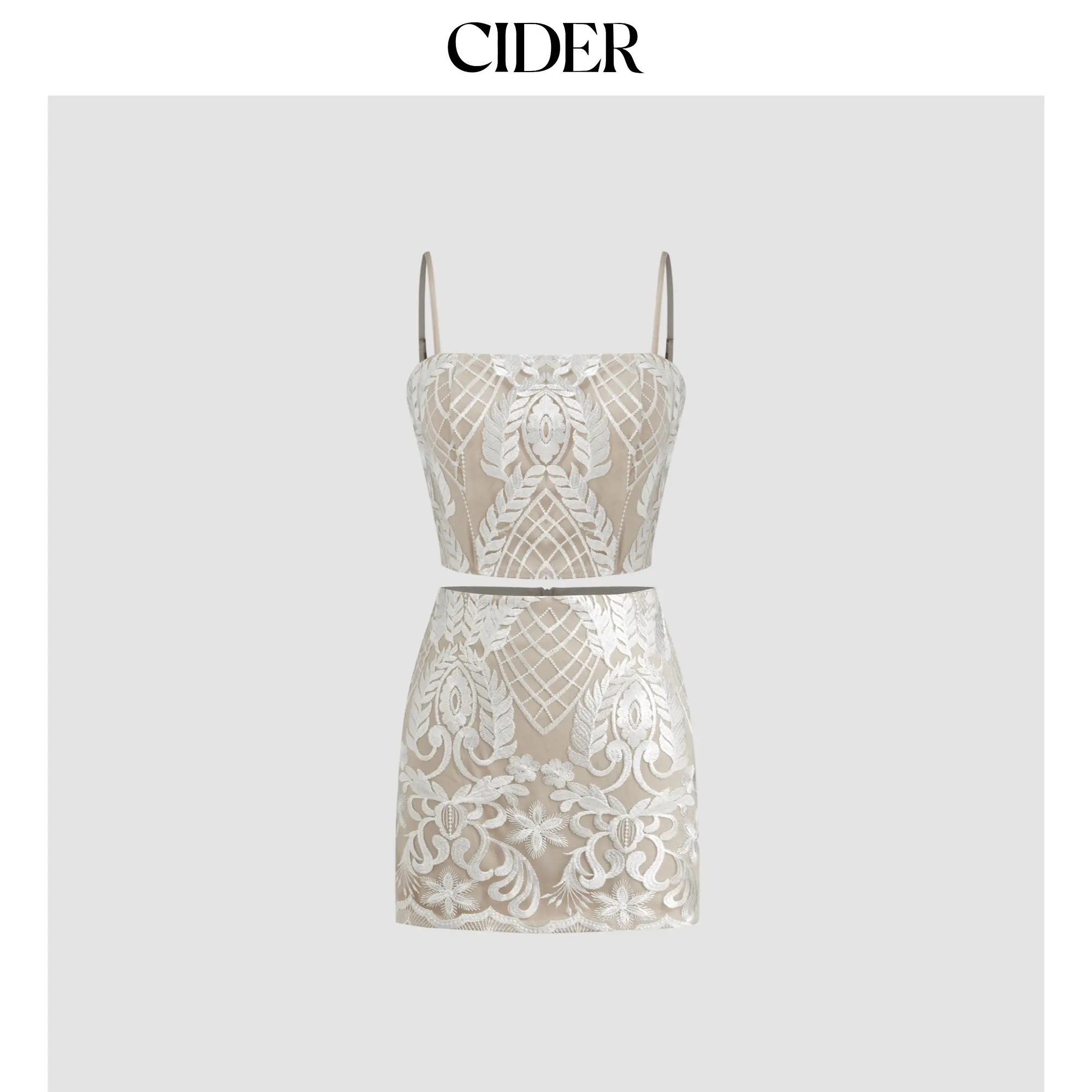Cider [2 colors, size 2-10] Jacquard Square Neck Floral Crop Cami Top & High Rise Zipper Mini Skirt Set