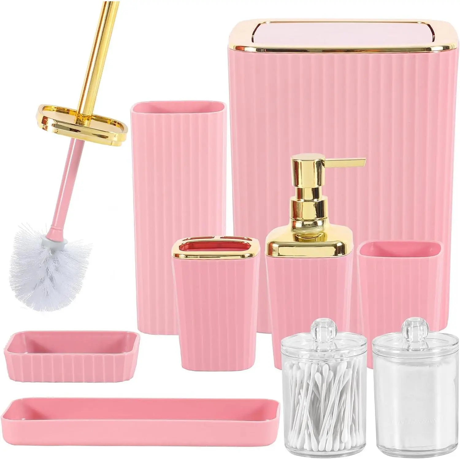 Bathroom Accessory Set,9 Pieces Pink Bathroom Accessories Set with Trash Can, Toothbrush Holder, Soap Dispenser, Toothbrush Cup, Vanity Tray, Soap Dish, Toilet Brush, Qtip Holder