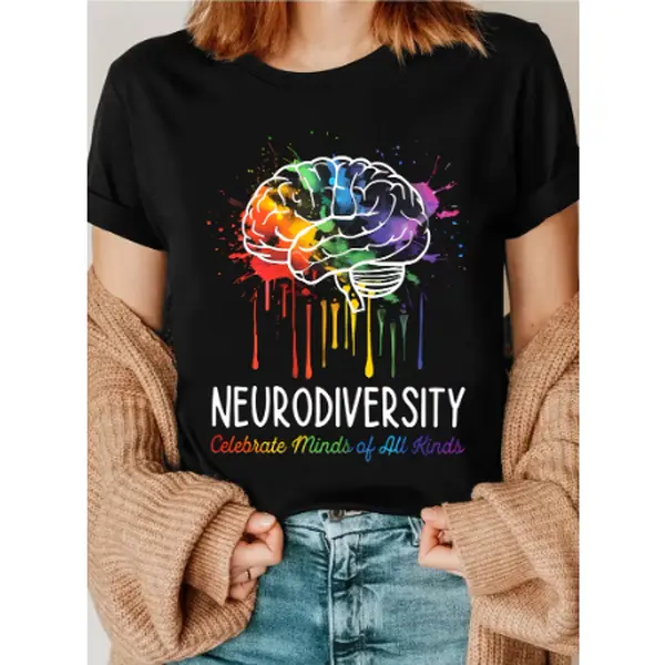 Women'S Neurodiversity & Autism Acceptance T-Shirt | Colorful Puzzle Brain Print for Special Education Teachers & Moms, Mental Health Awareness, Autism Support, Comfortable Round Neck, Same Style for Men and Women,  Summer Short-Sleeved