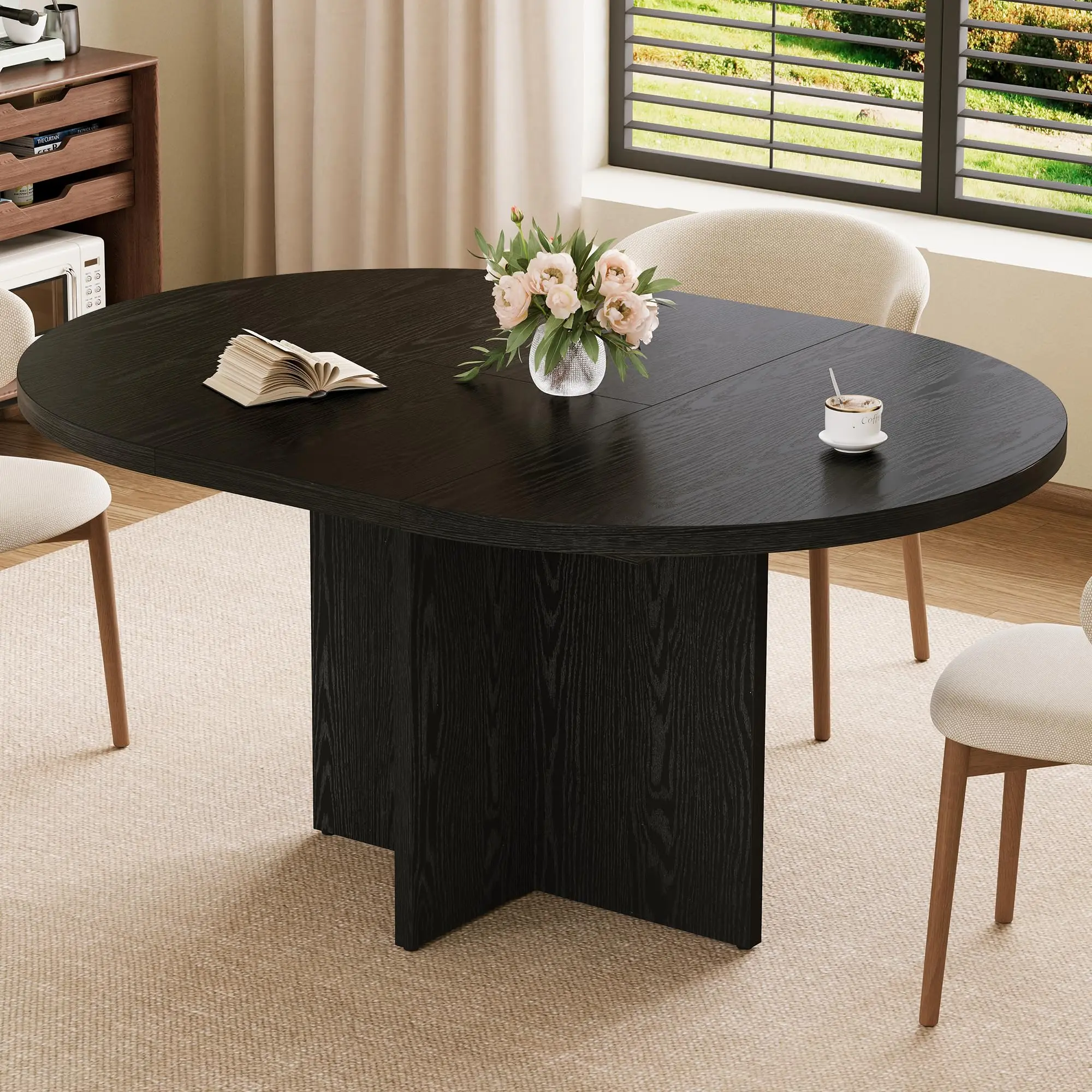 Adjustable Round/Oval Extendable Dining Table for Dining Room - 4-8 Seating, 43.3in-59in Length Range, Walnut/Natural Finishes, Space-Saving Versatile Tableware Solution