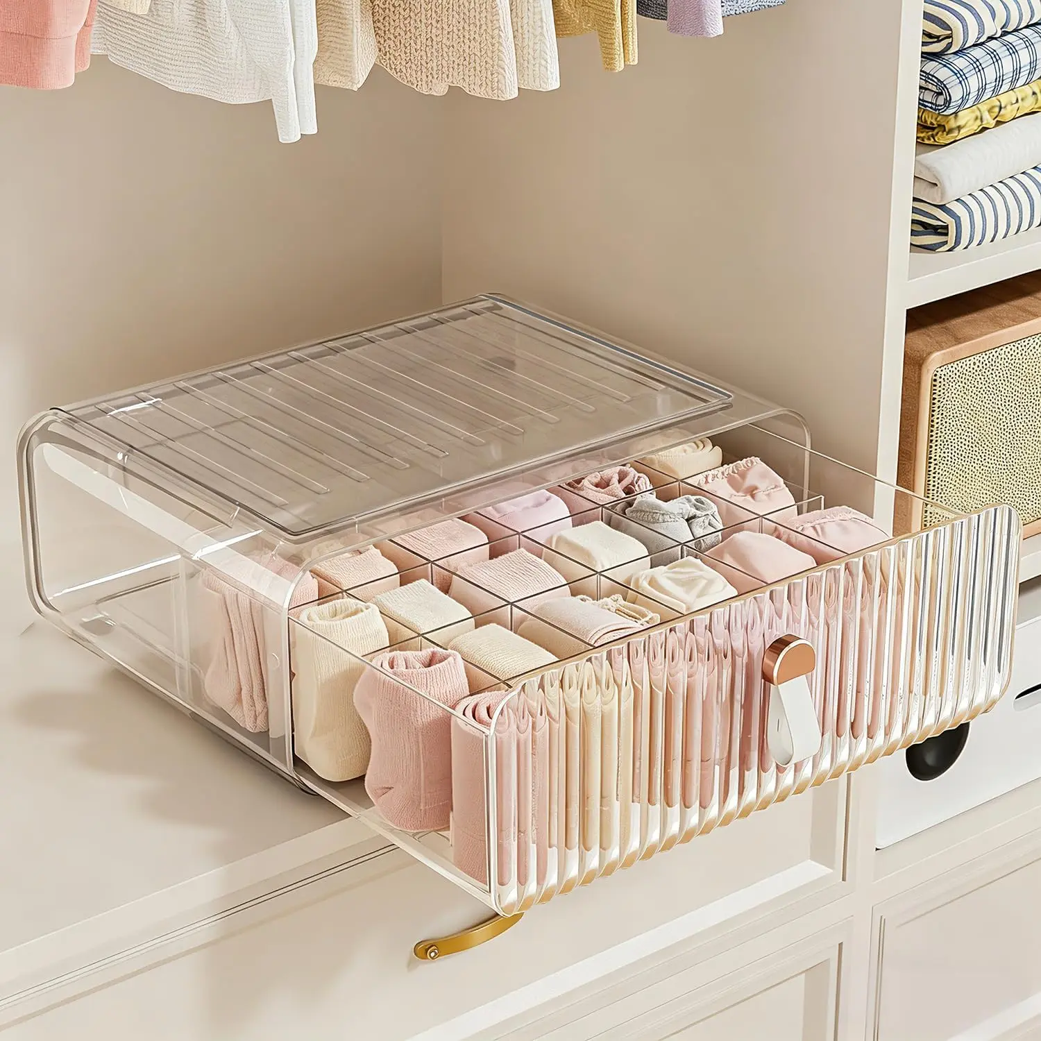 Sock Underwear Drawer Organizer - 24 Compartment Clear  Storage Bins with Removable Dividers for Closet, Stackable Dresser Drawer Box for No-Mess Socks, Tiers,  Clothes, Belt,  Bag