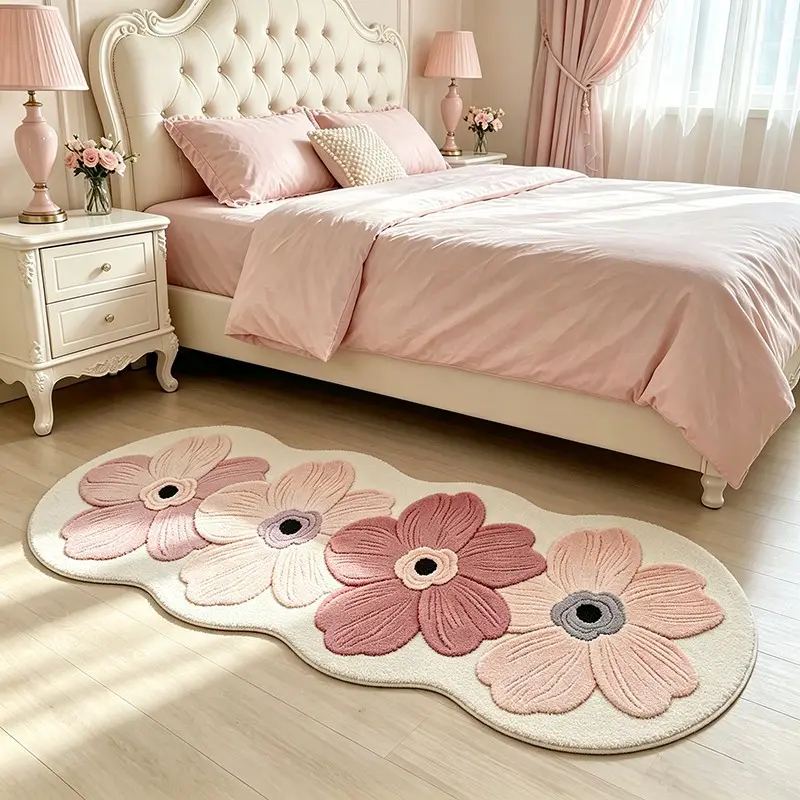 French Vintage Floral Bedside Rug, Creamy Soft Plush Carpet for Bedroom Living Room, Decorative Textile Mat for Hallway Kitchen Balcony Sofa Vintage Rugs