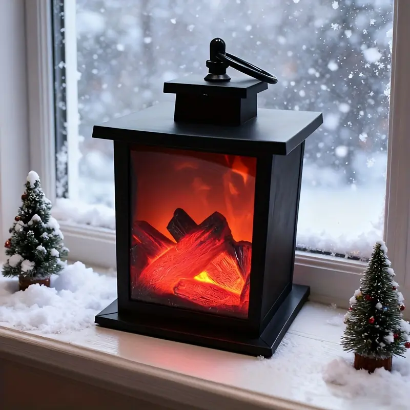 1PC Battery Operated LED Fireplace Lantern, Portable Flameless Flame Effect Stove Lamp, Christmas Tabletop Decor for Bedroom, Living Room, Window, Mantel and Holiday Display, Requires 3 AA Batteries