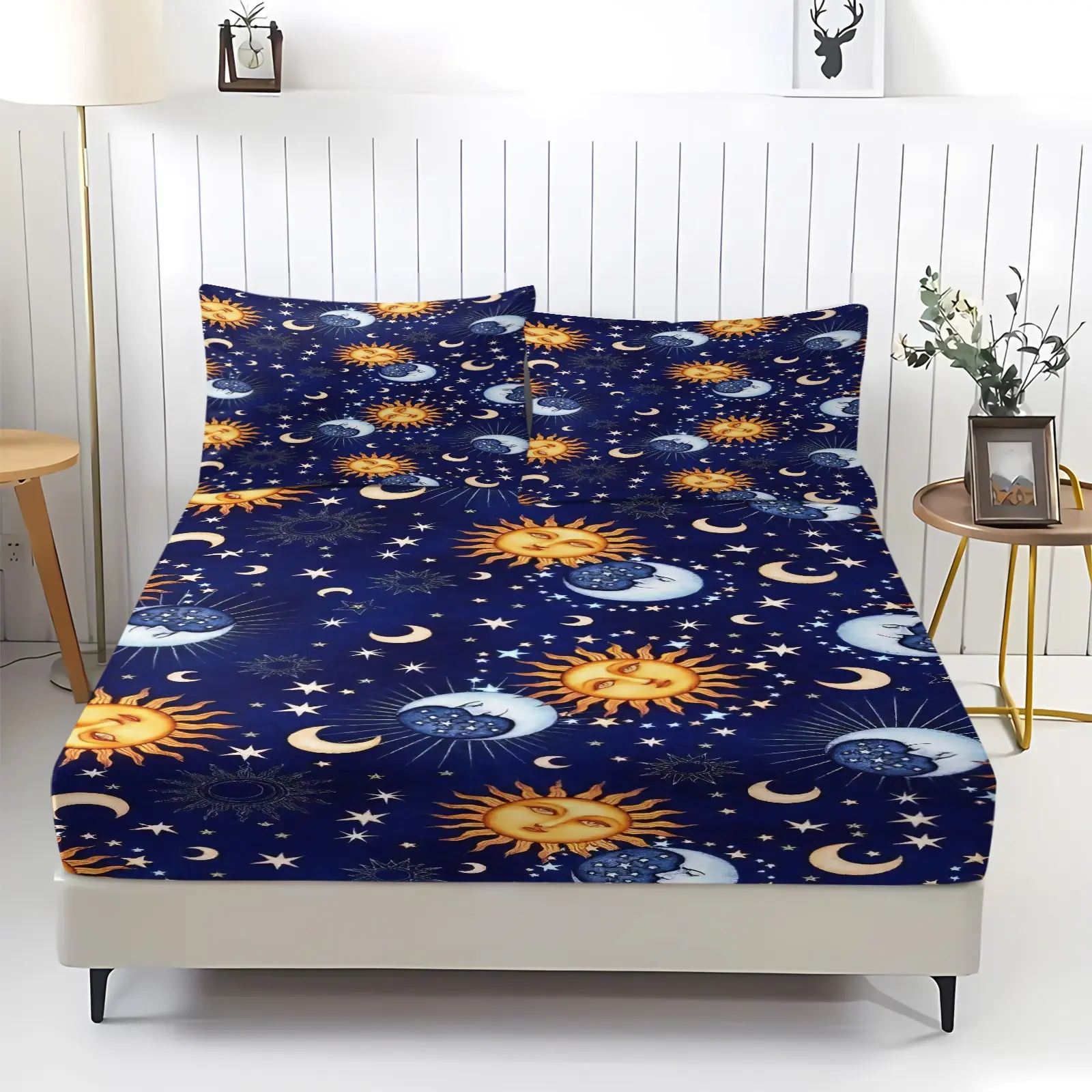 3pcs Retro Face Sun,Moon,And Star Themed Fitted Sheet Set, With A Deep Blue Background And Anthropomorphic Sun,Moon,And Star Print Bedding Set,Soft And Comfortable.1 Fitted Sheet+2 Coreless Pillowcases,Deep Pocket Design,For Bohemian Style Bedroom Decor