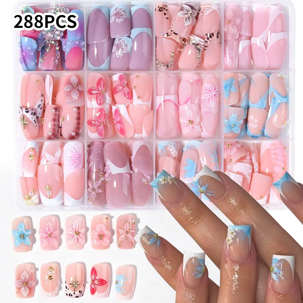 288pcs Colorful Flower Short Square Press-On French Tip Nails, 3D Gel Leopard French Design, Perfect for Daily Use, Parties, and Events, Pressed On Nails