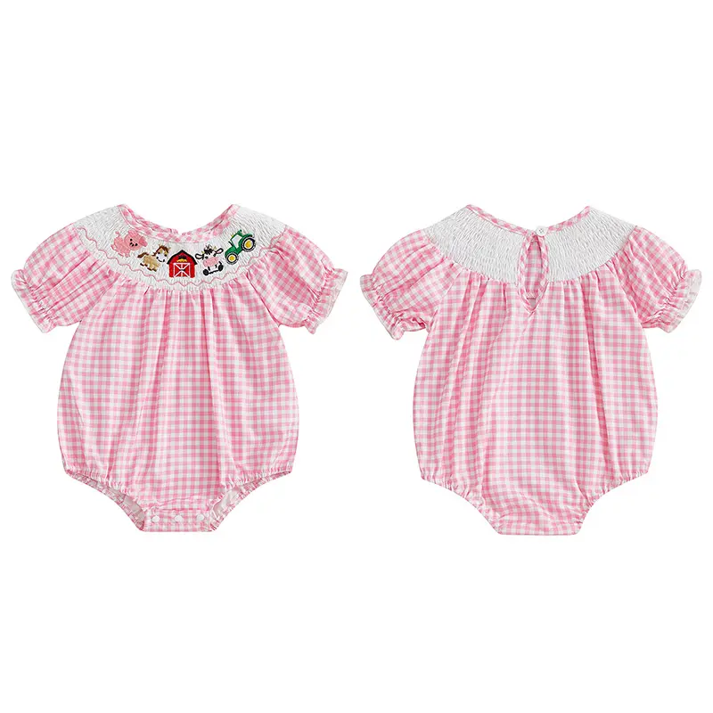 Baby Girl's Plaid Polyester Romper Suit - Short Sleeve Crew Neck Fit Bodysuit with Embroidery for 3m Infants, Summer Casual Safe Kids' Fashion Top