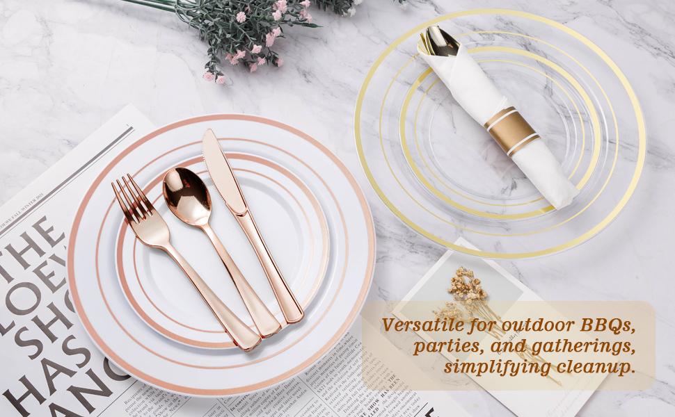 350PCS Rose Gold Plastic Plates & Silverware Set for 50 Guests – Includes 100 Plates, 50 Napkins with Rose Gold Cutlery & 50 Cups for Weddings, Anniversaries & Special Events Birthday Party Tray Mother's day Baby Showers Disposable