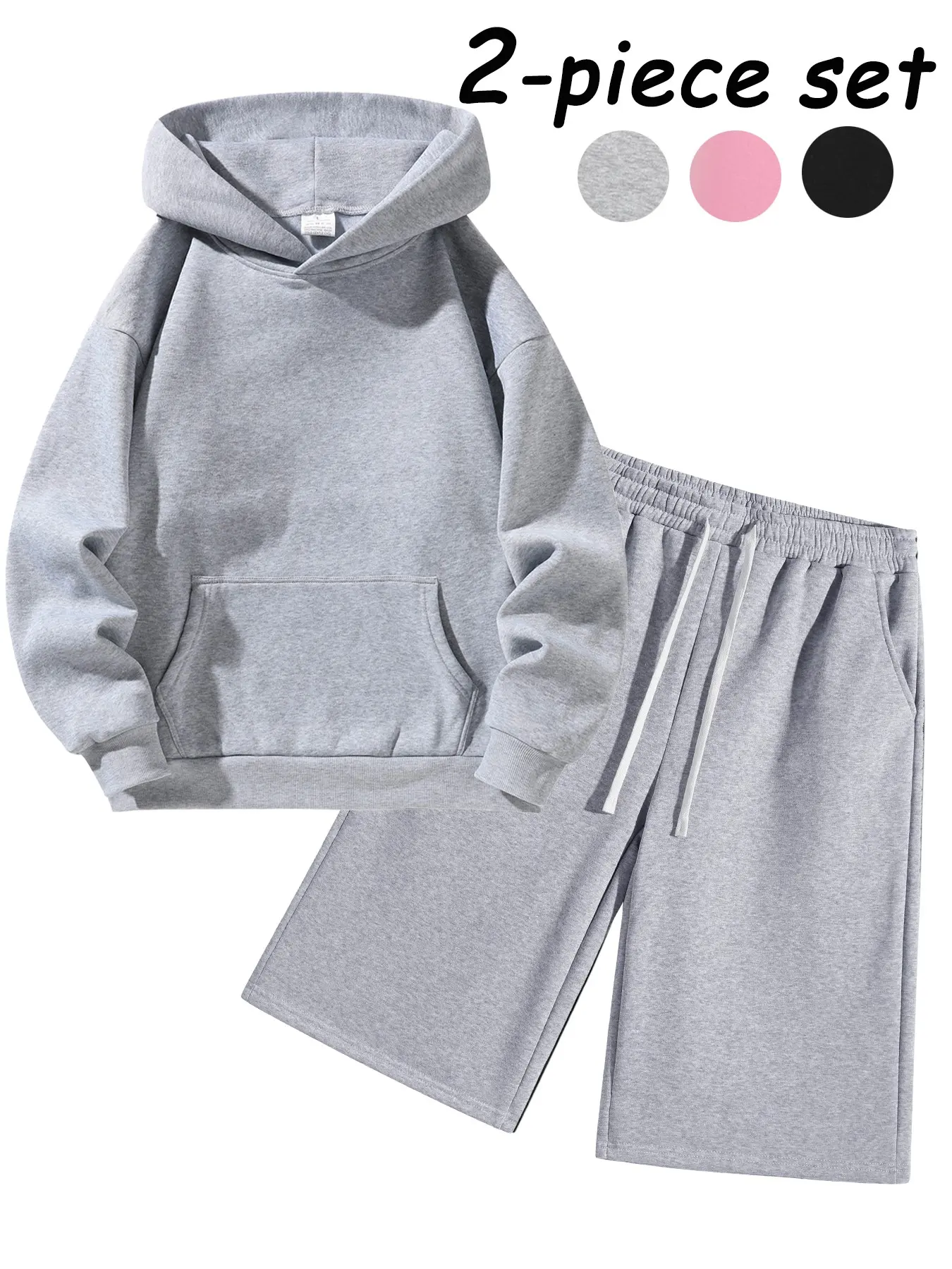 Unisex Two-Piece Sports Set, Fleece Lined, Plain Hooded Sweatshirt + Wide Leg Sport Pants, Casual Streetwear Seven-Eighths Pants Set, Matching Sweat Set, Casual Sporty Set