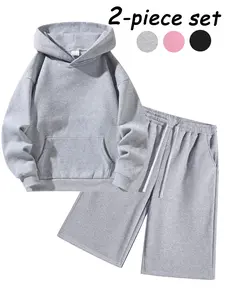 Unisex Two-Piece Sports Set, Fleece Lined, Plain Hooded Sweatshirt + Wide Leg Sport Pants, Casual Streetwear Seven-Eighths Pants Set, Matching Sweat Set