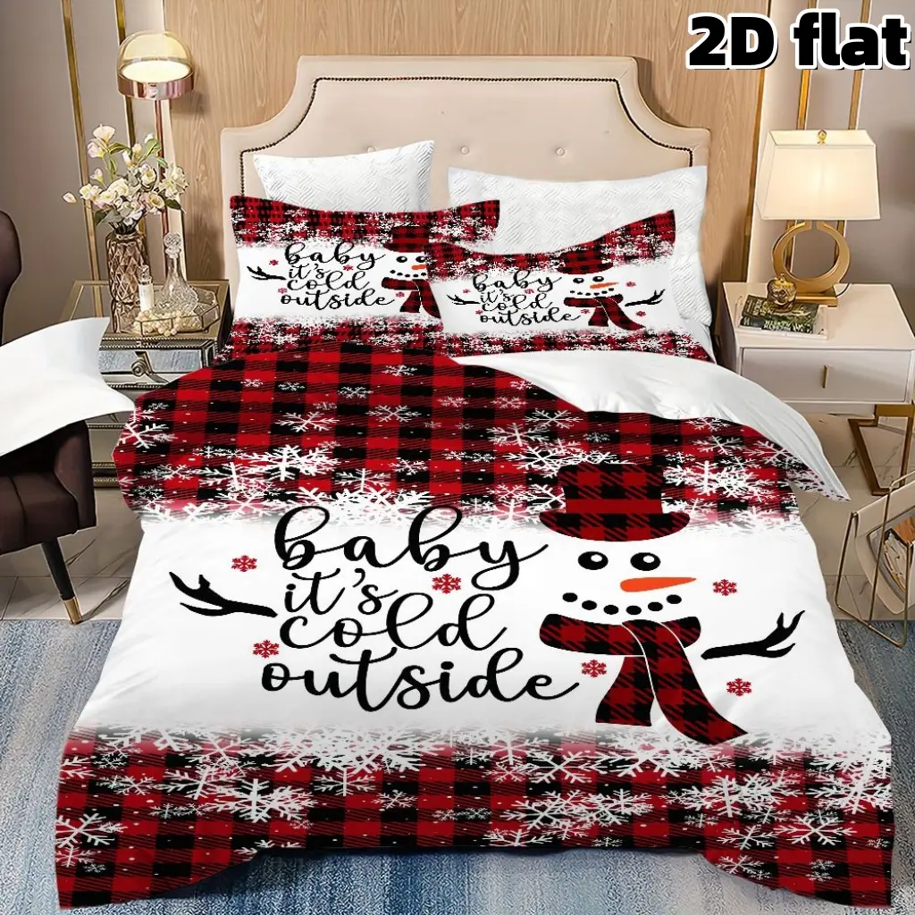 2D Flat 3Pcs Christmas Bedding Buffalo Plaid Snowman Pattern Duvet Cover Winter Holiday Decor Red Black Checkered Bedspread with Pillowcases Rustic Farmhouse Style Snowflake Design Bedroom Home Decoration Gift