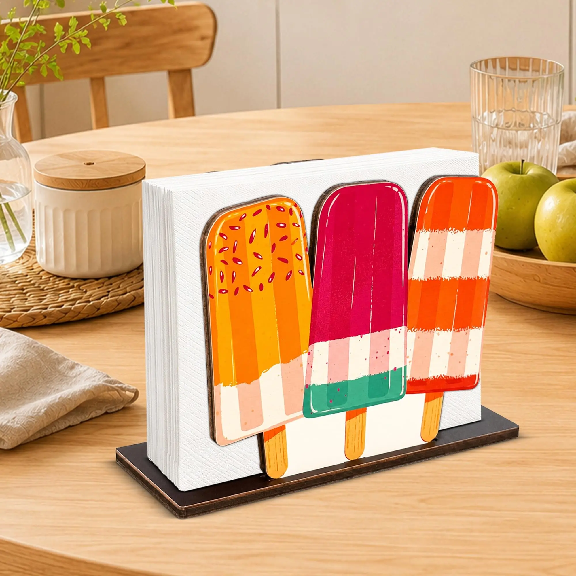 1 piece Summer Colorful Popsicle Wooden Napkin Holder, Cute Fruit Ice Pop Table Paper Napkin Dispenser, Sweet Summer Wood Napkin Stand for Kitchen Dining Table BBQ Pool Party Decor