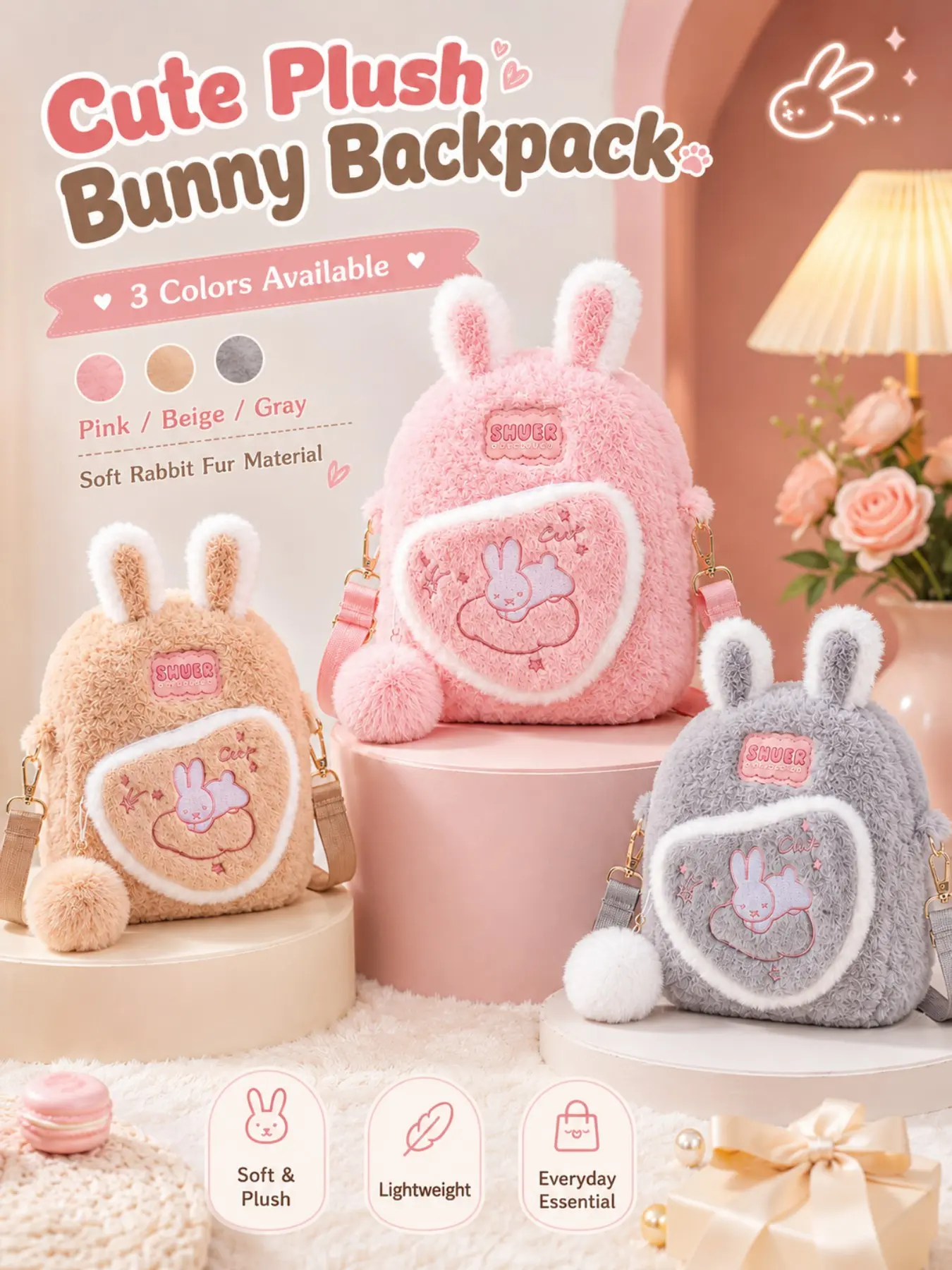 Cute Bunny Ear Plush Backpack for Women, Soft Rabbit Fur Mini Bag, Adjustable Straps, Large Capacity Daily Commuter Bag, /mint/