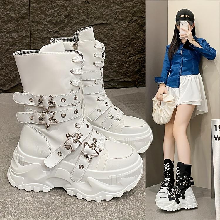 Chunky Platform Thick-Sole Height Increase 1.38 1.97 Lift Lace-Up Round-Toe All-Season All-Terrain Traction Low Heel Rubber Sole Fabric Upper Casual Athletic Wear Brown Black Easy-Clean Hand Washable