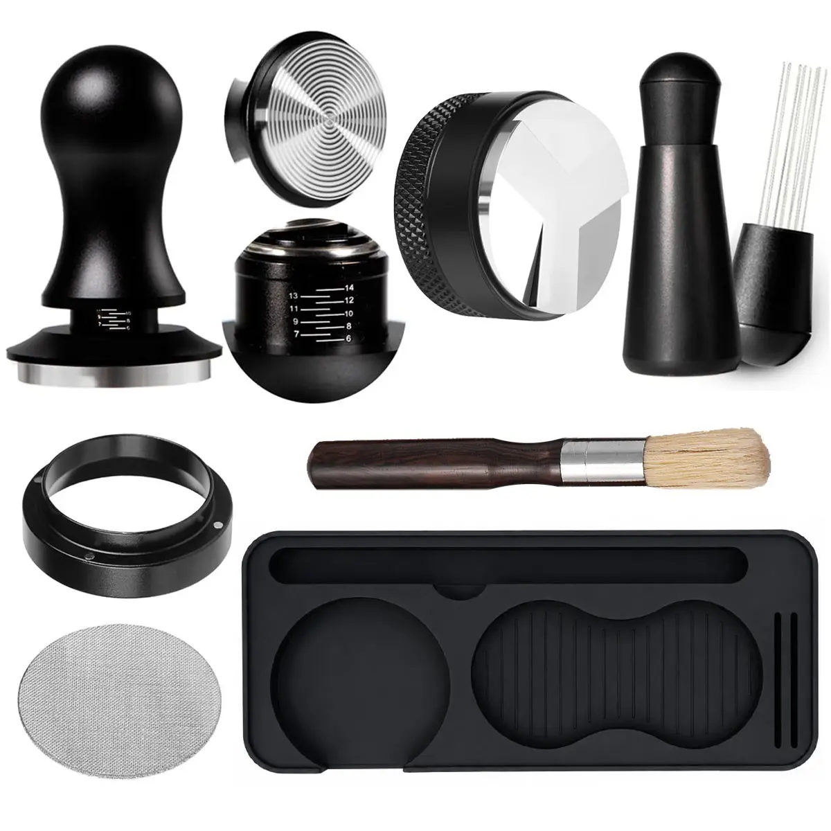 Espresso Coffee Tamper Tool Set, 7 Accessories Kit, 51/54/58mm Set Includes Tamper, Distributor, Stirrer, Dosing Funnel, Brush, Puck Screen,Tamping Station