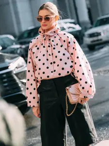 Women's Spring Summer Polka Dot Stand Collar Long Sleeve Jacket, Casual Loose Fit Short Top, Vintage Style Buttoned Bow Tie Outerwear