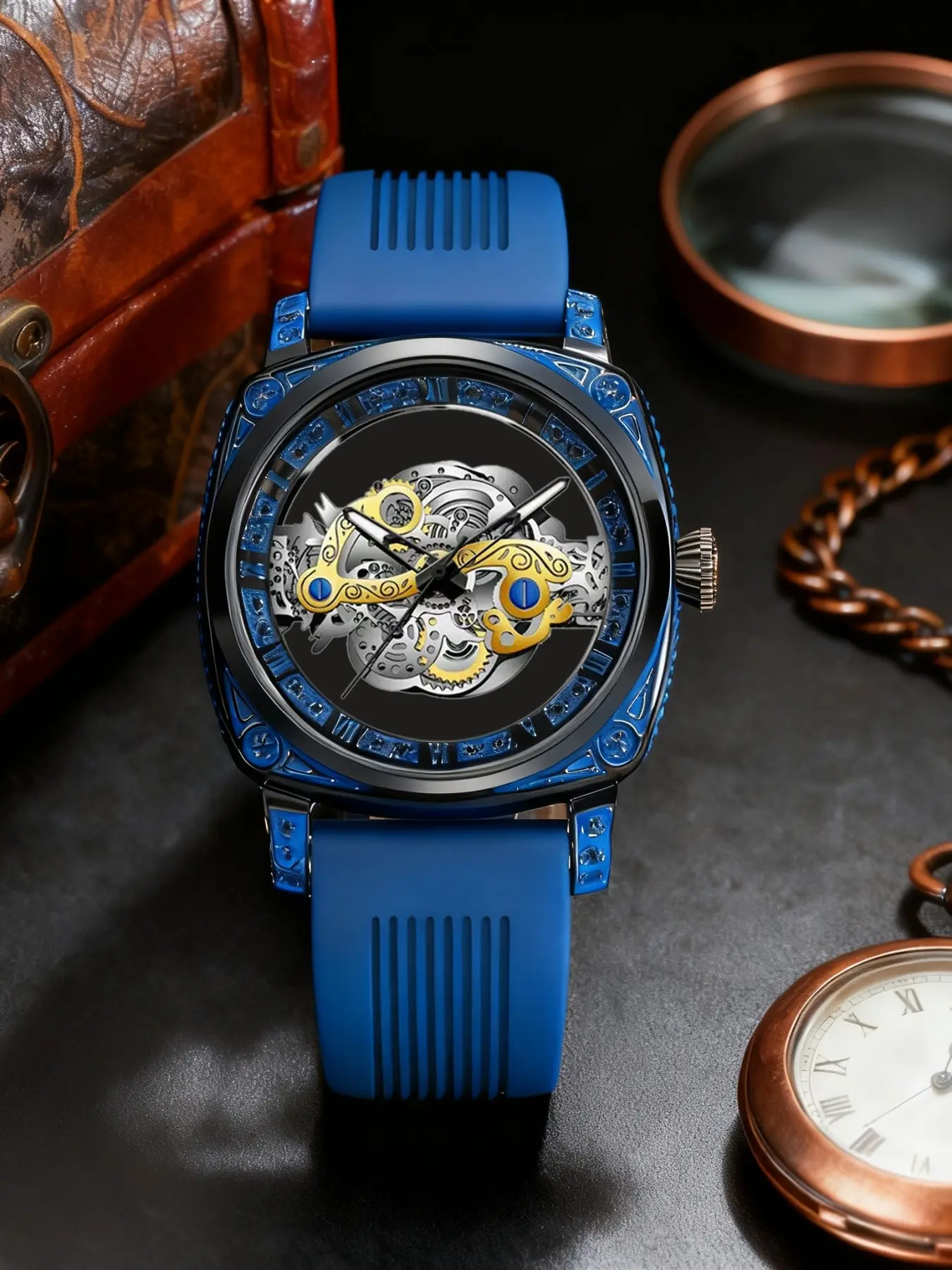 Men's Blue Strap Transparent Automatic Mechanical Watch, High-End Business Casual Trendy Men's Wristwatch, Elegant and Stylish Design